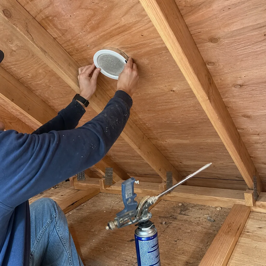 Contractor sealing a recessed light in an attic with spray foam nationwide