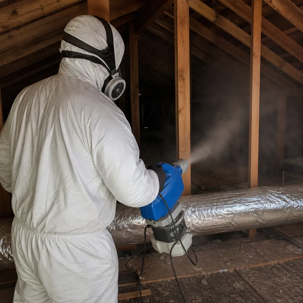 Professional in protective suit performing attic cleaning and rodent proofing nationwide
