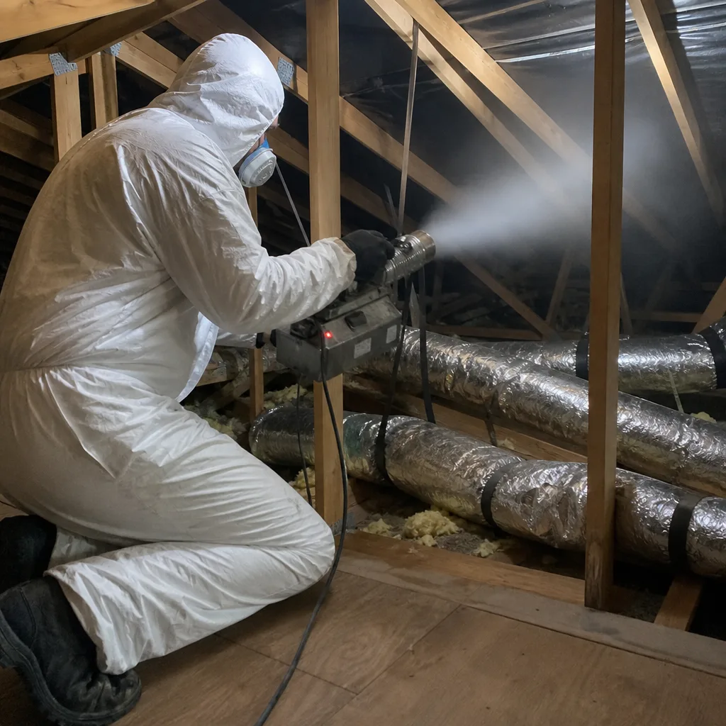 Technician in protective gear performing professional attic cleaning and rodent proofing. nationwide