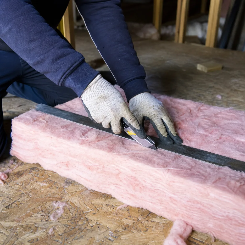 Professional cutting pink fiberglass insulation batt with utility knife