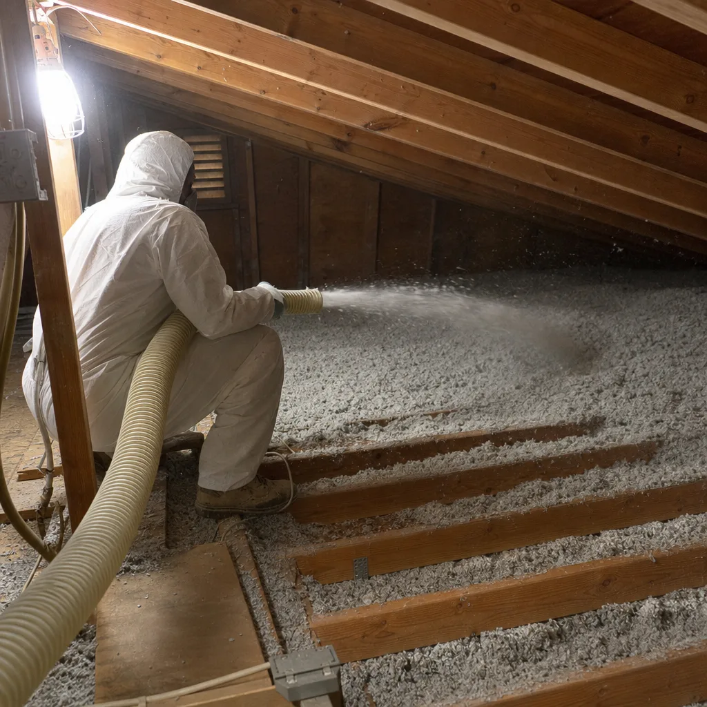 Professional blowing insulation into an attic for home energy efficiency