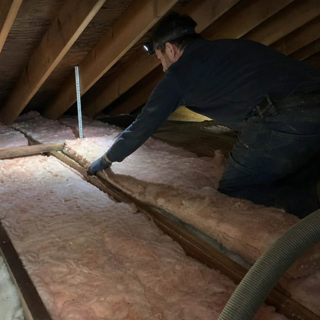 Professional technician installing pink fiberglass batt insulation in an attic
