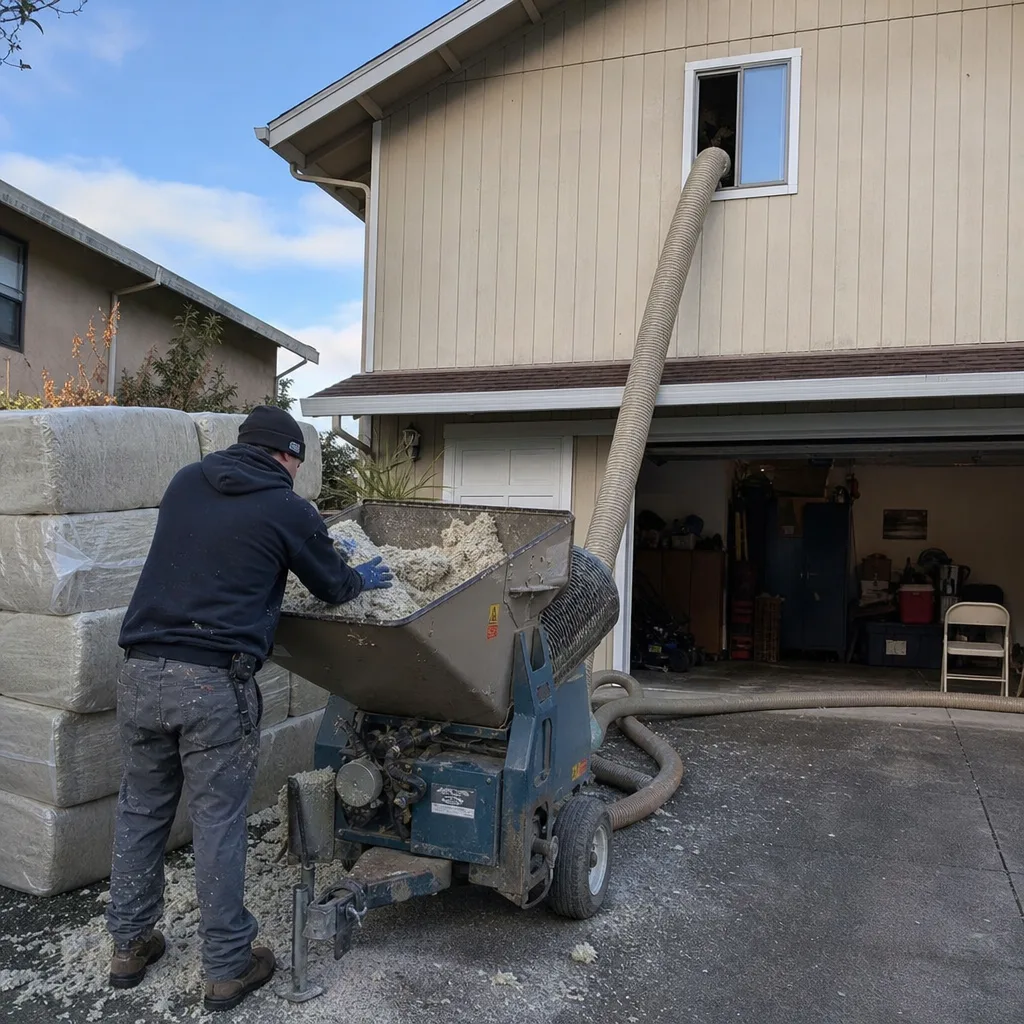 Technician using a machine to install professional blown-in attic insulation