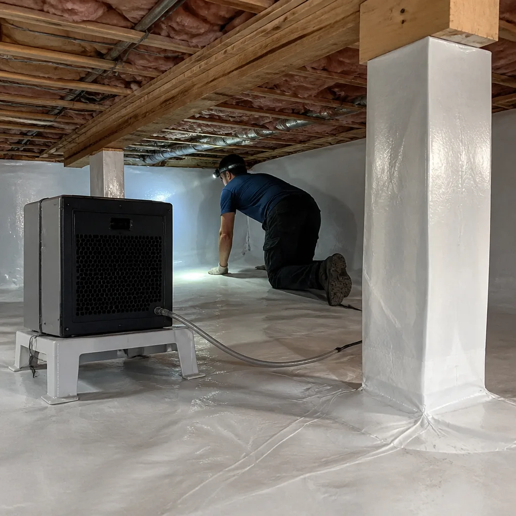Technician inspecting a professional crawl space encapsulation and vapor barrier installation nationwide