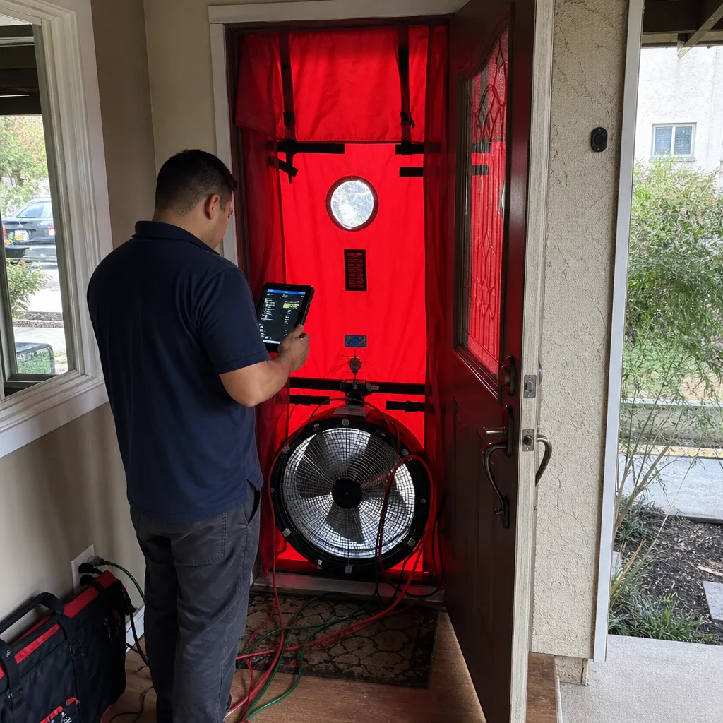 Technician performing a residential blower door test for home energy efficiency nationwide