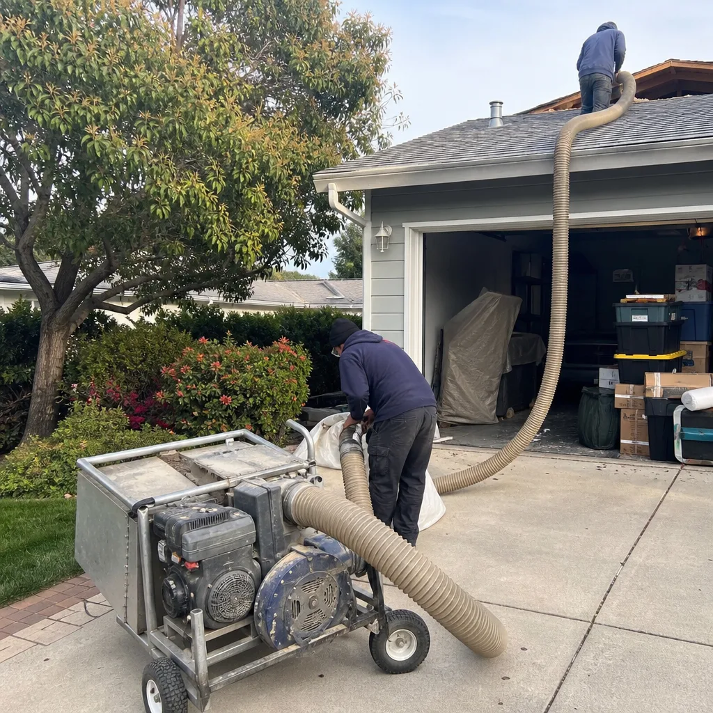 Contractors using industrial vacuum hose for professional attic insulation removal. nationwide