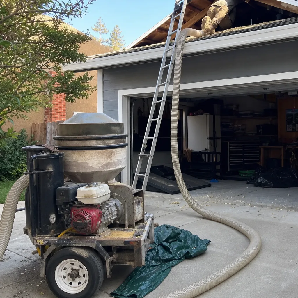 Professional insulation removal equipment connected to a residential attic. nationwide