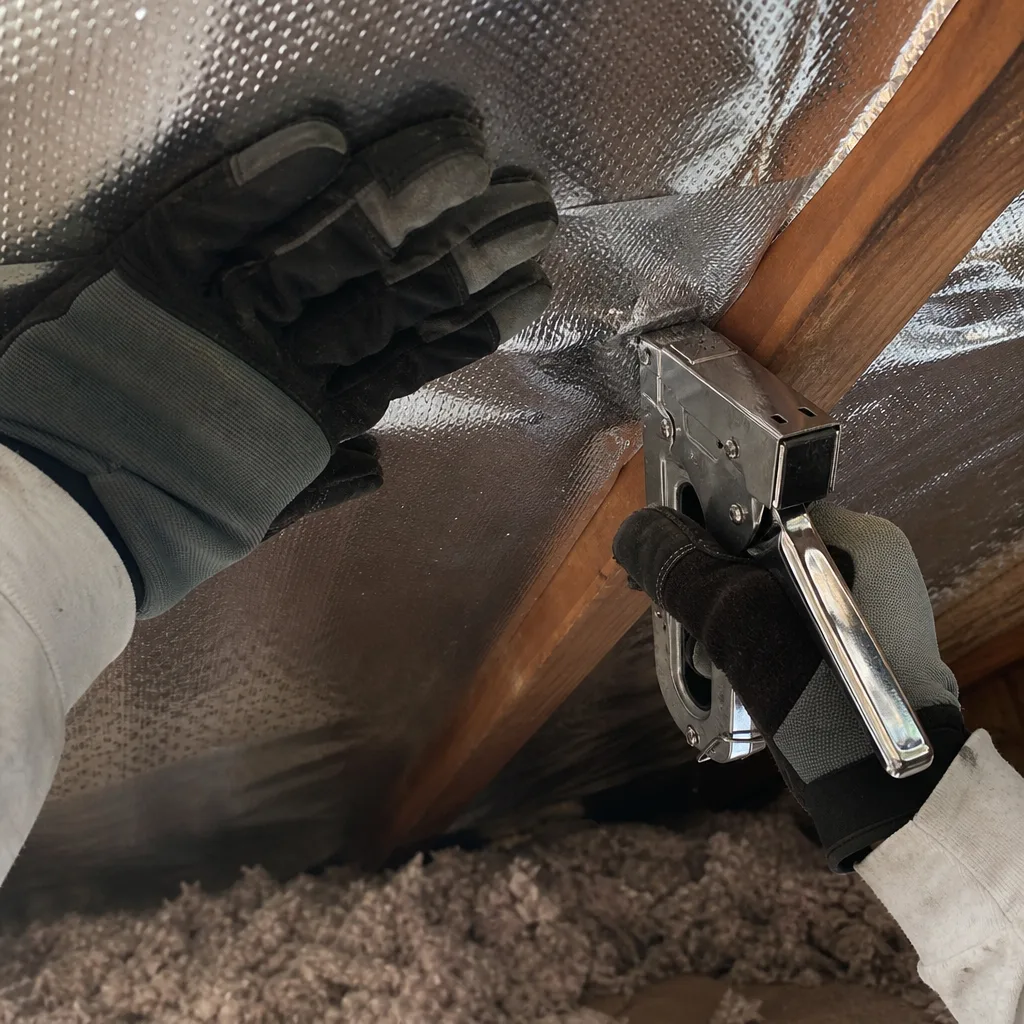 Professional installer securing radiant barrier insulation to attic rafters with staple gun nationwide