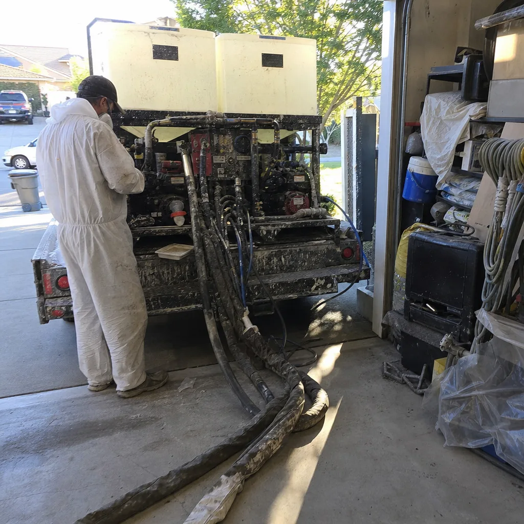 Contractor preparing professional spray foam insulation equipment on a work trailer
