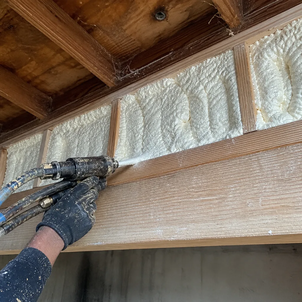 Professional applying spray foam insulation to ceiling joists