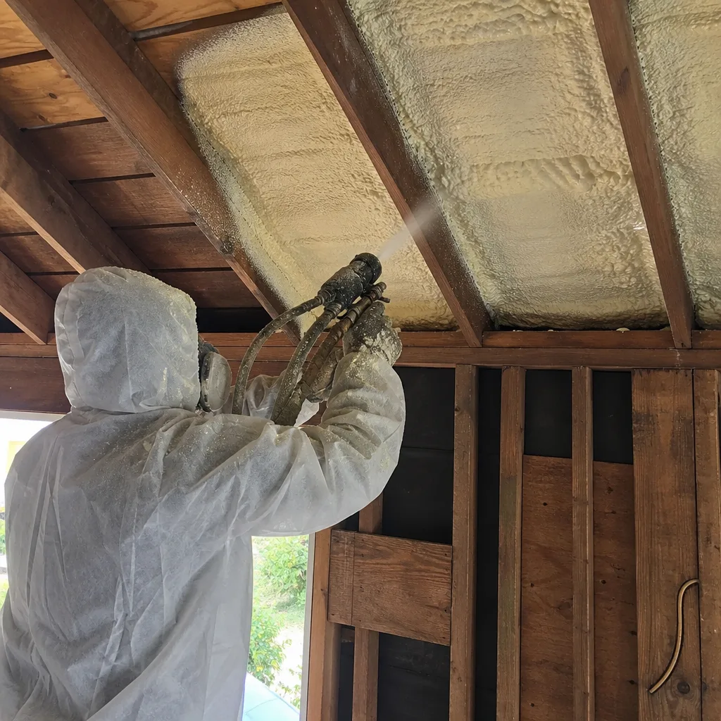 Professional contractor applying spray foam insulation to an unfinished ceiling