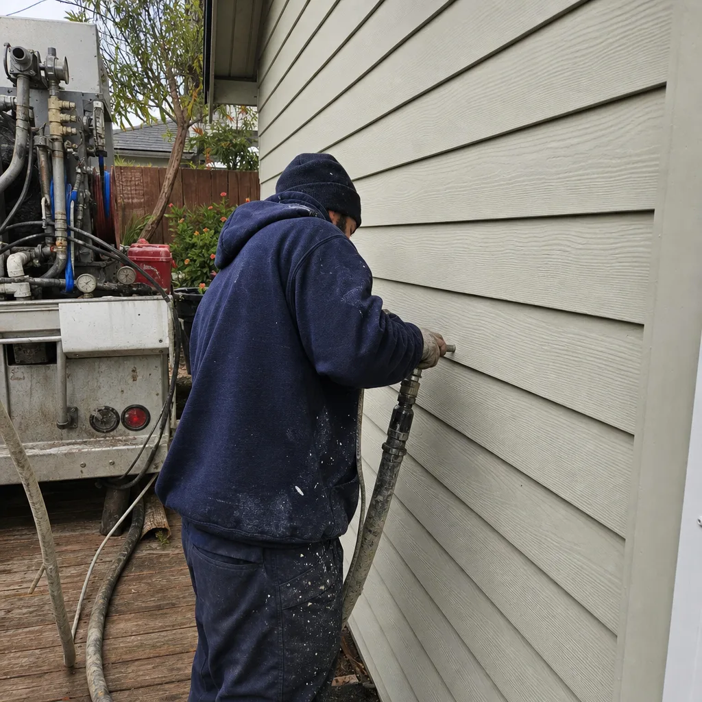 Insulation contractor injecting wall insulation into exterior residential siding. nationwide