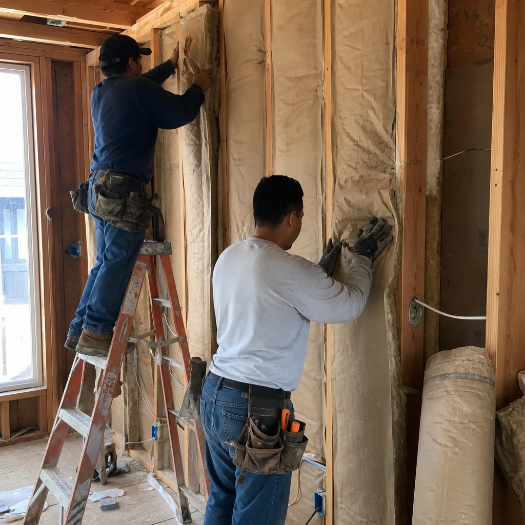 Two professional contractors installing fiberglass batt wall insulation in a new home. nationwide